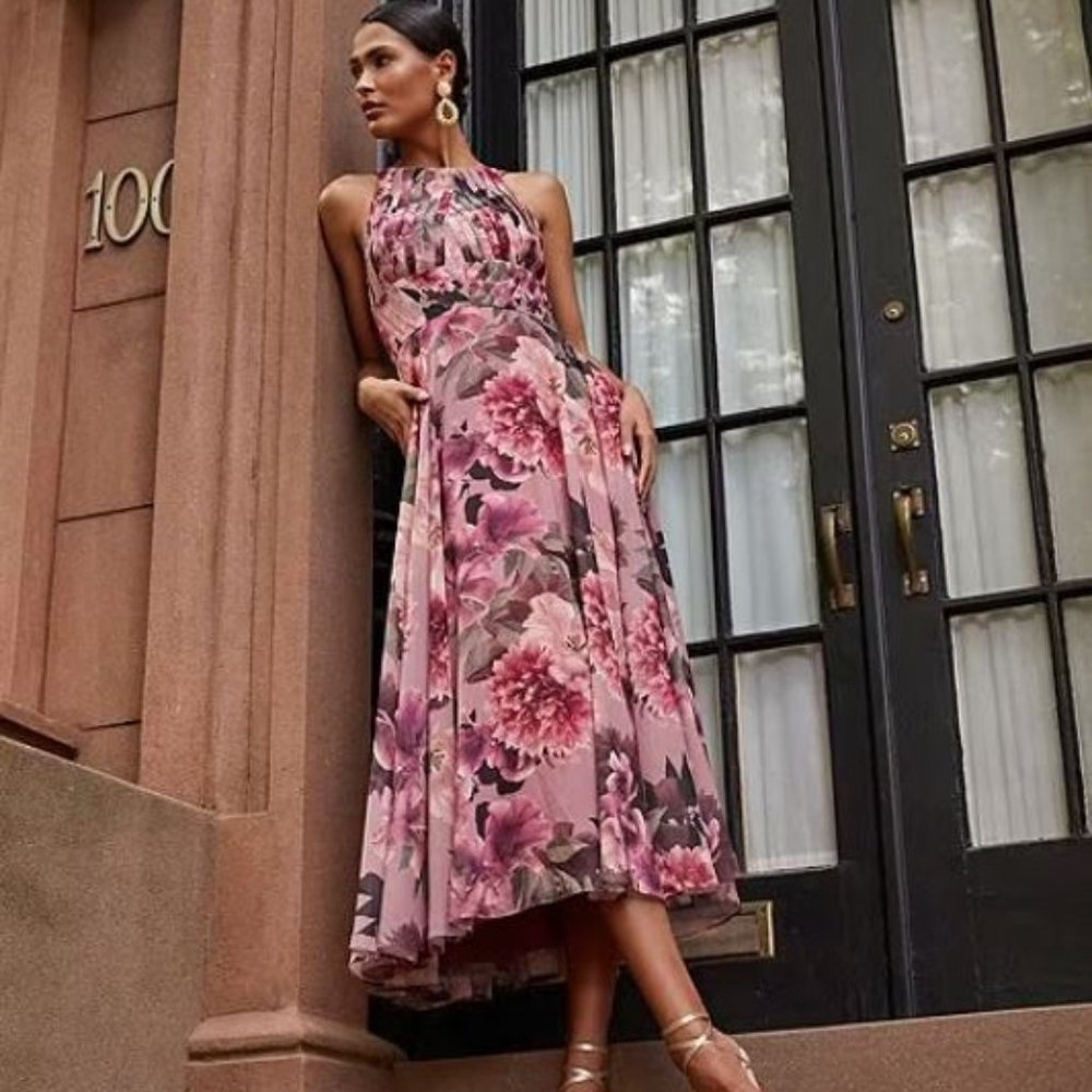 Kay Unger Katalina Floral Print Chiffon Halter Jewel Neck Pleated Midi Dress